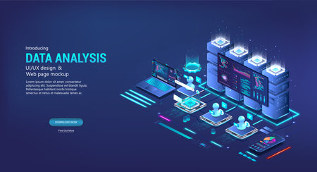 Data analysis and classification files in isometric data centerのイラスト素材
