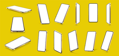 Golden mobile phone mockups in realistic style and different anglesのイラスト素材