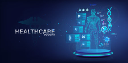Sci-fi healthcare banner - stage and 3D human hologram with HUD interfaceのイラスト素材