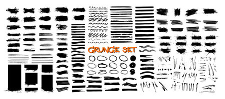 Dried ink strokes, paint streaks, splatter marks, various brushesのイラスト素材