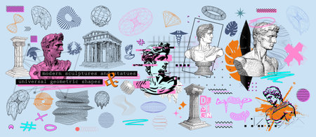 Retrofuturism and art. Exhibition, Greece, antiquity artwork conceptのイラスト素材