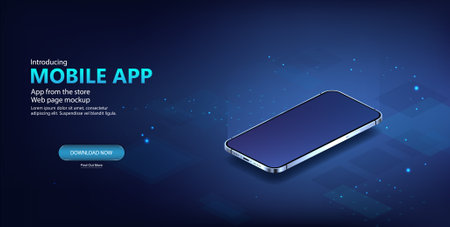 Futuristic banner with 3D realistic mobile phone with screen glowのイラスト素材