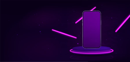 Purple neon background with 3D realistic smartphone in podium, front viewのイラスト素材