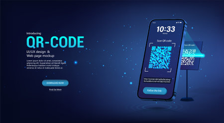 Scanning the QR code through a smartphone at the standのイラスト素材