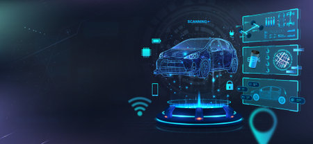 Futuristic auto service station with 3D smart car and HUD interfaceのイラスト素材