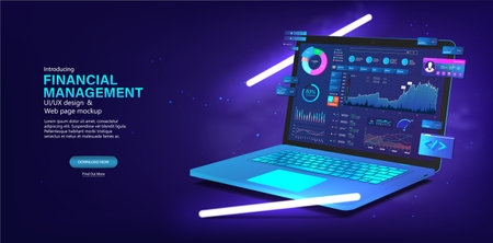 Futuristic 3D laptop with analytical dashboard. Analysis trendsのイラスト素材