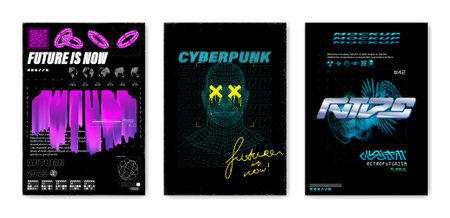 3D Retro futuristic posters template set. Techno, vaporwave, acid conceptのイラスト素材