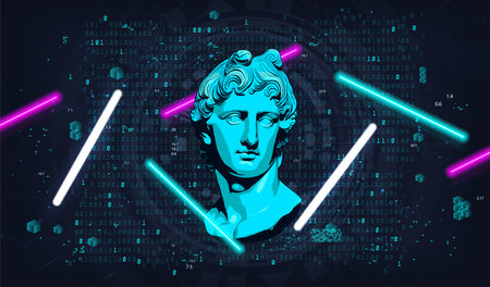 Bust 3d against a futuristic background, binary code, and neon lamps
