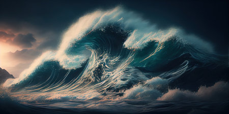 High waves on the beach. Raging ocean. Beach and active rest. Generative AIの素材