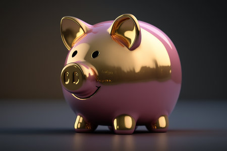 Pink piggy bank. Glossy smiling pink pig. Generative AIの素材