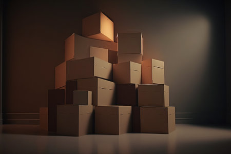Brown moving boxes in an empty room. Relocation concept. Generative AIの素材