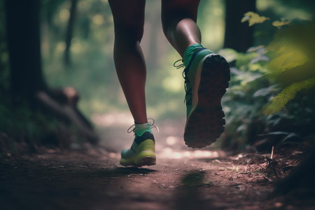 Legs of a girl in sneakers, morning jogging in the forest. Sports concept. Generative AIの素材
