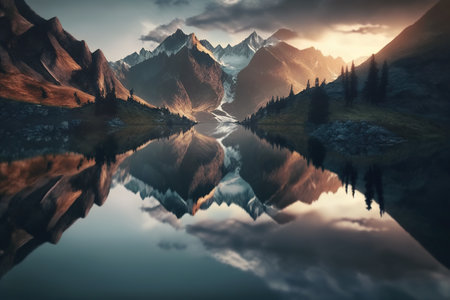 A beautiful wide mountain range and lake. Mountain landscape. Generative AIの素材
