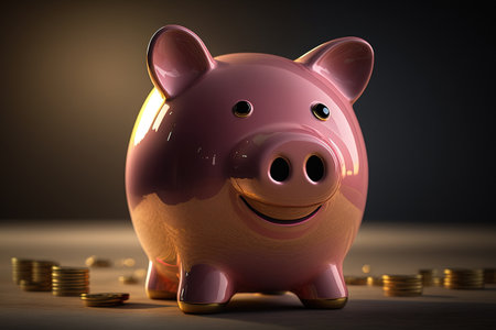 Pink piggy bank. Glossy smiling pink pig with golden coins around. Generative AIの素材