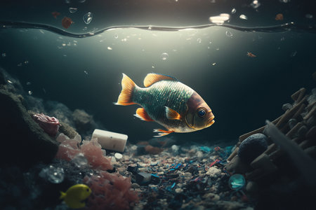 A lonely fish in an empty ocean swims among the garbage. Generative AIの素材