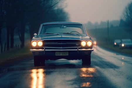 Retro car at night with headlights on. Generative AIの素材