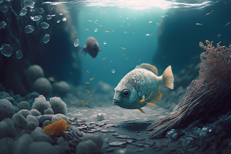 Fish in the empty ocean swim among the debris. Save the planet. Generative AIの素材