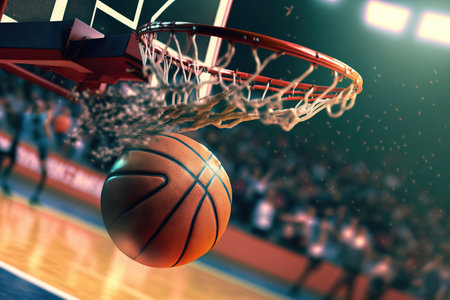 Basketball ball flies into the basket, hoop at the basketball game. Generative AIの素材