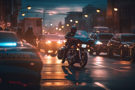 A policeman on a motorcycle patrols the city. Generative AIの素材