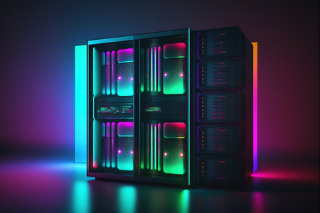 Futuristic neon cyberpunk style server room. Generative AIの素材