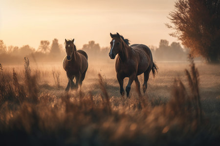 Two horses run across the field at sunset. Generative AIの素材