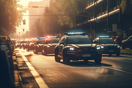 A detachment of police cars rides through the streets of the city. Generative AIの素材