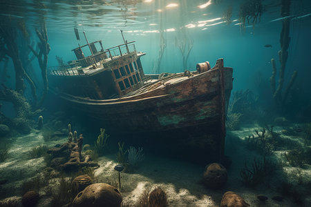 Sunken fishing boat. Generative AIの素材