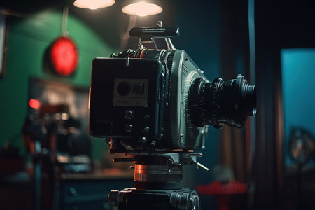 Behind the scenes work. Camera on tripod with ultra lens in film studios. Generative AIの素材