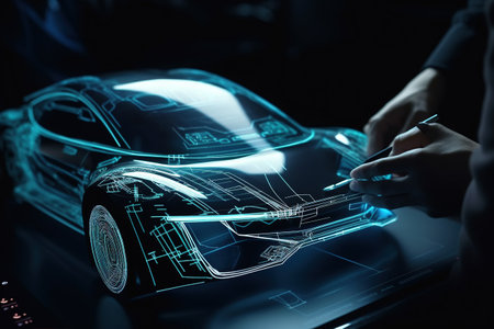 Car design. Development innovative electric vehicle. Aerodynamic tests. Generative AIの素材