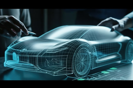 Car design using digital tablet app. Development innovative electric vehicle. Generative AIの素材