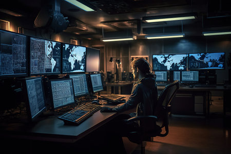 A hacker breaks into a security room with several computers. Generative AIの素材