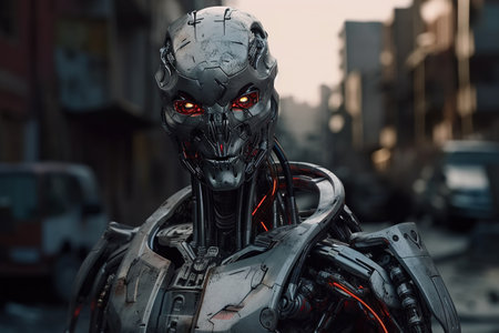 Creepy evil robot with red neon eyes. Chrome robot. Artificial intelligence. Generative AIの素材