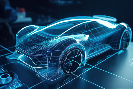 Car design using digital tablet. Development of a modern innovative electric vehicle. Generative AIの素材