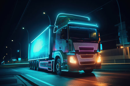 A modern truck drives along a neon illuminated highway. Generative AIの素材