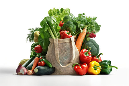 Grocery bag. Bag filled with vegetables and herbs. Shopping in a supermarket. Generative AIの素材