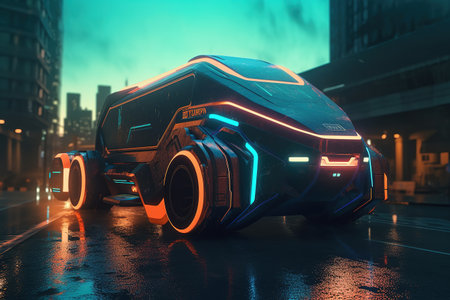 Futuristic autonomous bus with neon lighting. Passenger transportation. Cyberpunk. Generative AIの素材