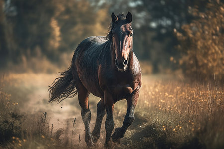 A beautiful brown horse galloping across the field. Mare, Stallion. Generative AIの素材
