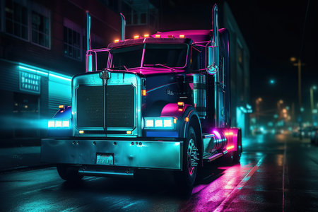 Neon truck in cyberpunk style. Delivery. Generative AIの素材