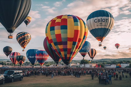 The rise of balloons. Beautiful flight of a large number of balloons in the clouds. Generative AIの素材