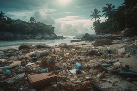 Environmental pollution. Rubbish on the beach. Generative AIの素材