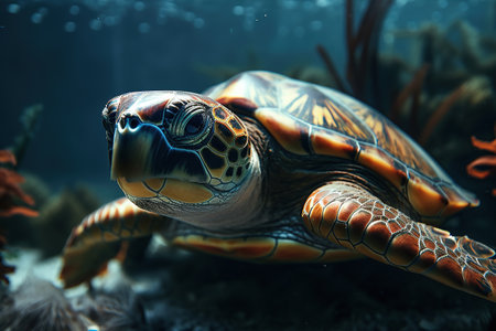 Sea turtle. Large beautiful turtle swims in the depths of the ocean among the corals. Generative AIの素材