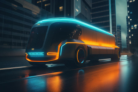 Futuristic autonomous bus with neon lighting along the body. Cyberpunk. Generative AIの素材