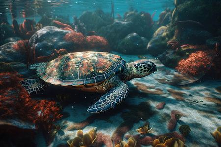 Turtle. Undersea world. A big beautiful turtle swims in the depths of the ocean. Generative AIの素材