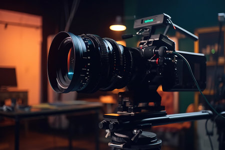 Camera on tripod with ultra lens in film studios. Generative AIの素材