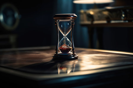 An elegant hourglass on a glossy table with a reflective surface. Countdown. Generative AIの素材