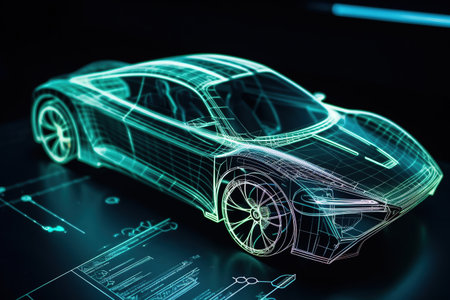Innovative car. Car design with digital tablet app. Aerodynamic tests. Generative AIの素材