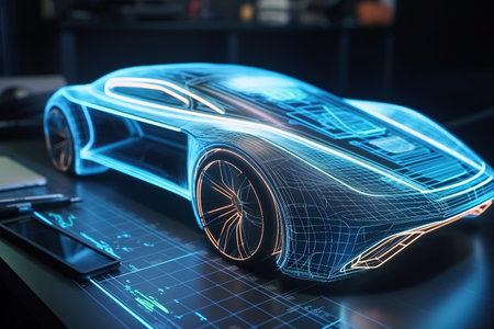 Innovative car. Car design with digital tablet app. Aerodynamic tests. Generative AIの素材