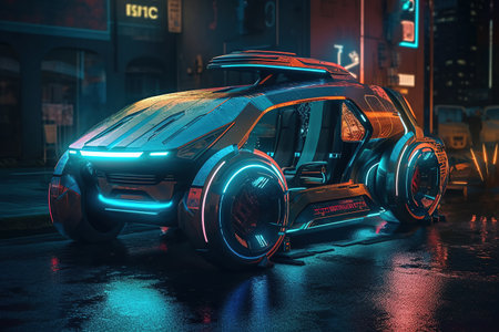 Autonomous electric car. Cyberpunk. Futuristic electric transport. Self-driving car. Generative AIの素材