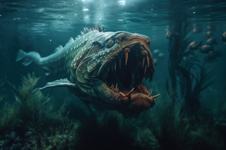 Big monster fish with open mouth and big teeth. Monster fish. Fantastic fish. Generative AIの素材