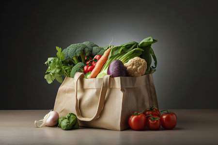 Beautiful fresh set of groceries in a grocery cloth bag. Food concept. Generative AIの素材